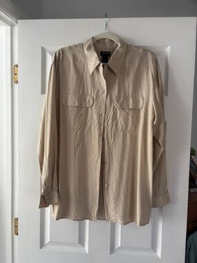 Beige 100% Silk Button-Front Utility Collared Long Sleeve Blouse